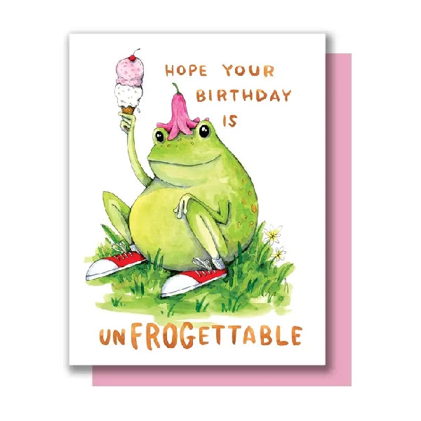 A greeting card featuring an illustrated frog with a pink flower on it's head, holding an ice cream cone with the text 'Hope your birthday is unfrogettable'.