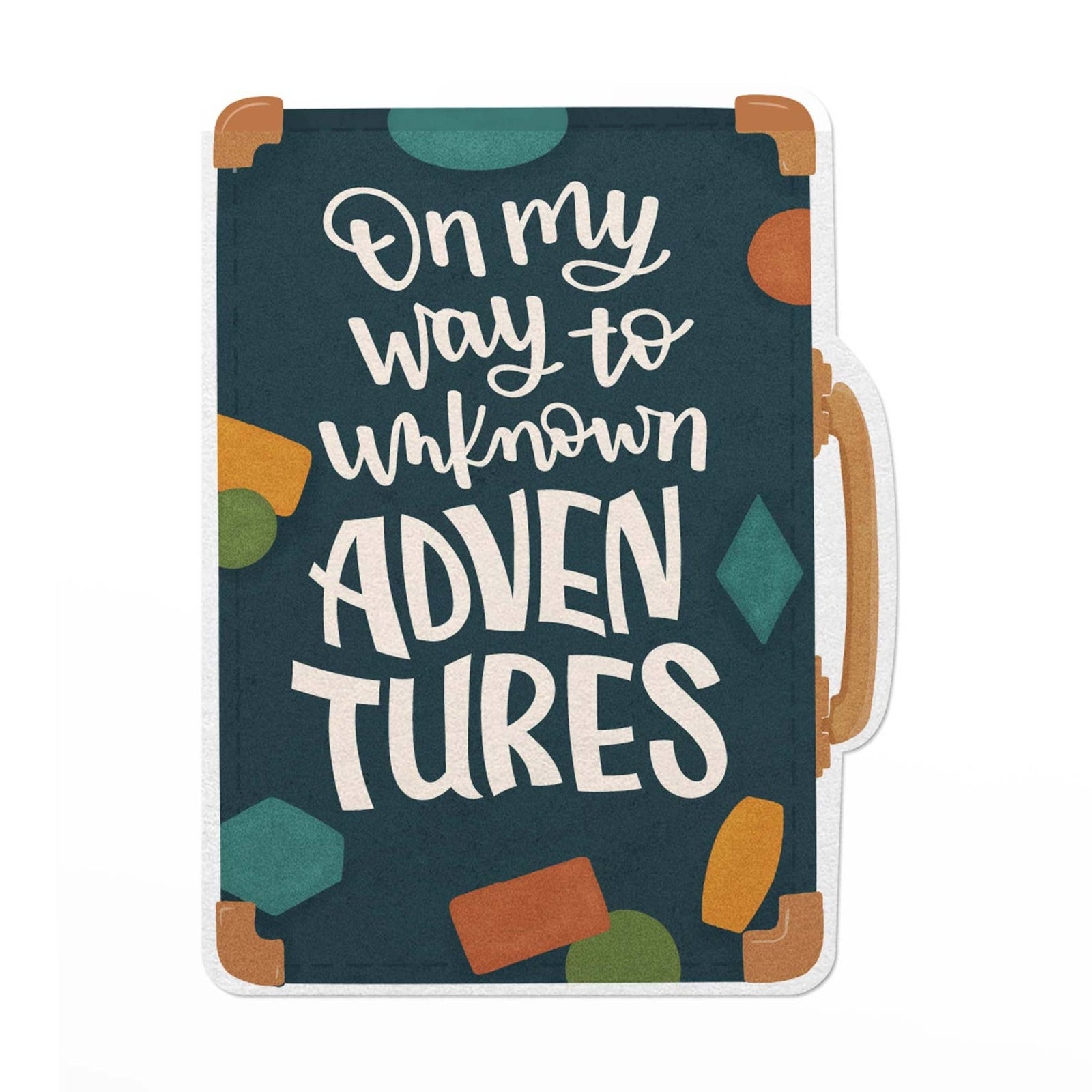 Sticker with a colourful suitcase design. The text 'On my way to unknown adventures' is printed on it. 