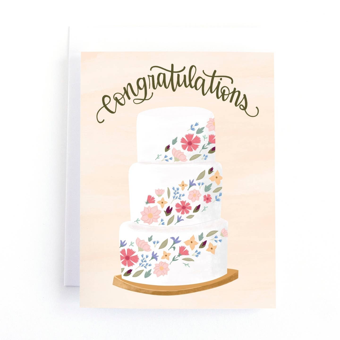 Greeting card featuring an illustration of a three-tiered floral wedding cake on a cream coloured background with the text 'Congratulations'.