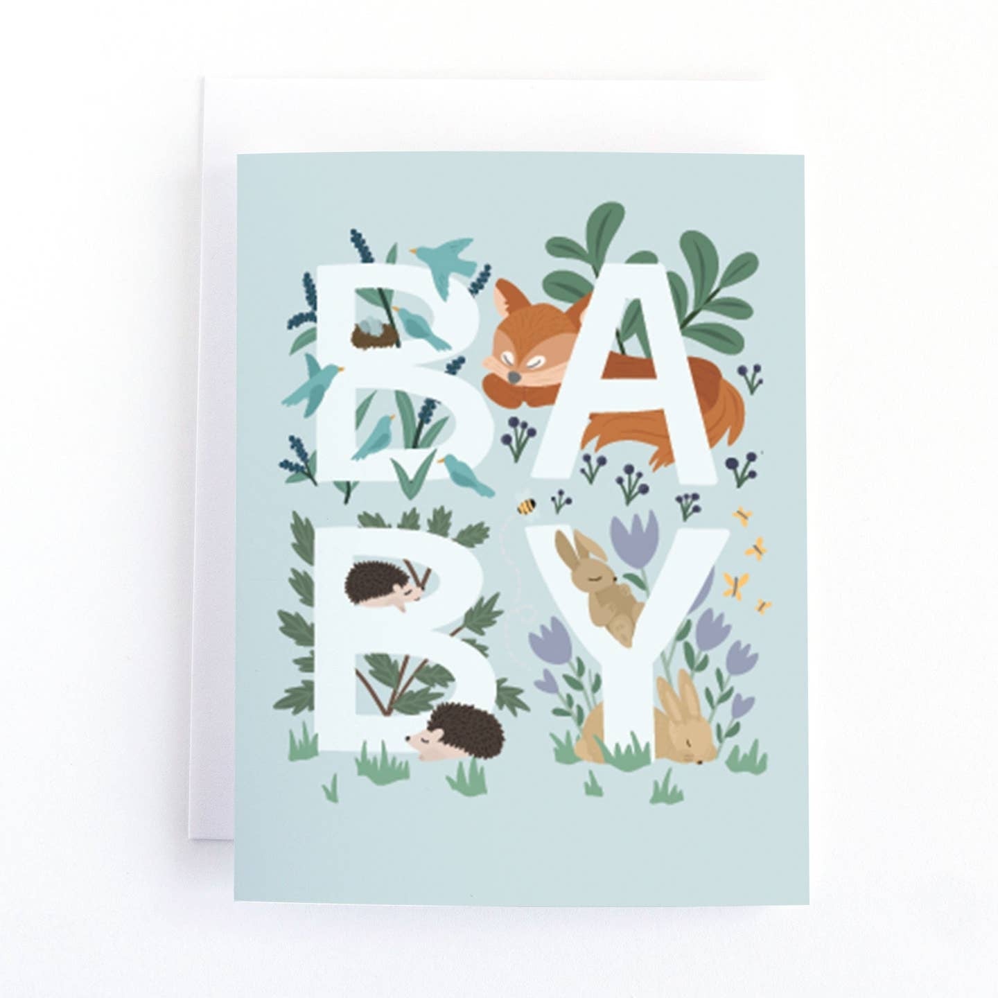 Greeting card featuring a woodland themed illustration of birds, a fox, hedgehogs and bunnies. The text 'BABY' is arranged on the card so that the animals interact with each letter.