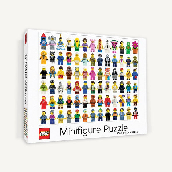 Front view of puzzle packaging with colourful images of   miniature Lego people on a white background. 
