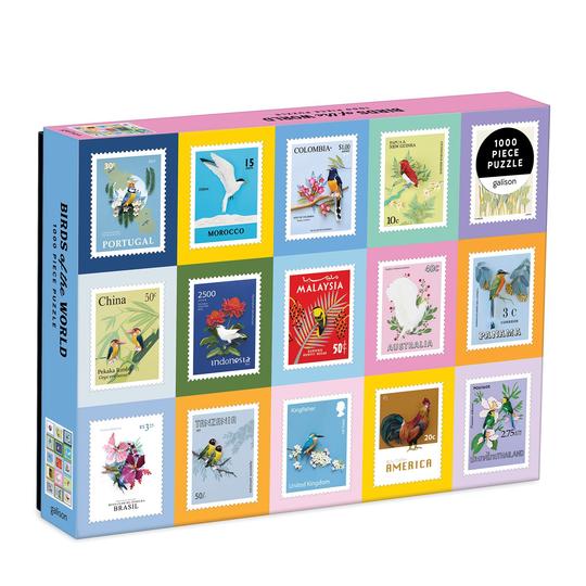 A jigsaw puzzle box featuring a variety of colorful postage stamps with birds and botanical designs.