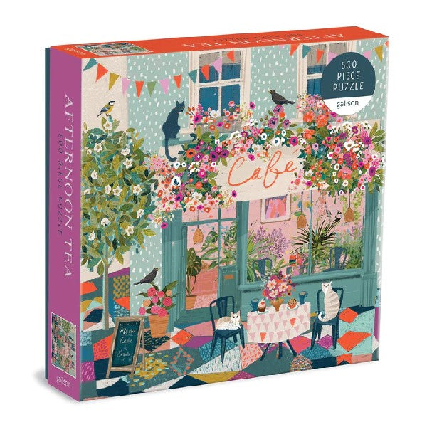 orange and purple puzzle box. the cover shows a sweet illustration of a flower cafe enjoyed by cats