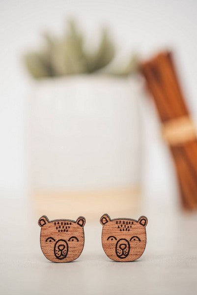 Bear Face Wood Stud Earrings