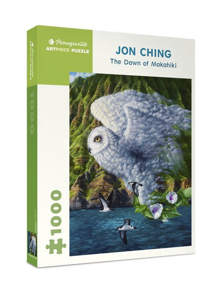 white puzzle box with green accents. The centre of the box has an image of a snow owl, a green island-side, water, and other birds.