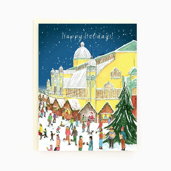 A colorful Christmas card featuring an illustration of Ottawa's Landsdowne Market filled with people, a Christmas tree, and a building with a snow roof, all under a clear night sky. The text 'Happy Holidays!' sits over the building. 