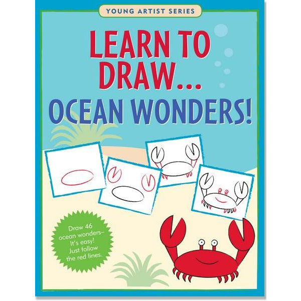 blue activity book with an example of how to draw a crab. top text reads "learn to draw... ocean wonders!"