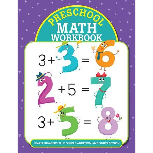 purple activity book on a white background. main text reads "preschool math workbook". in a white quare below are math equations qith colourful numbers with faces and accessories. peter pauper product