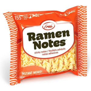 square sticky notes with ramen noodles as a pattern. the packaging is reminiscient of a red ramen bag
