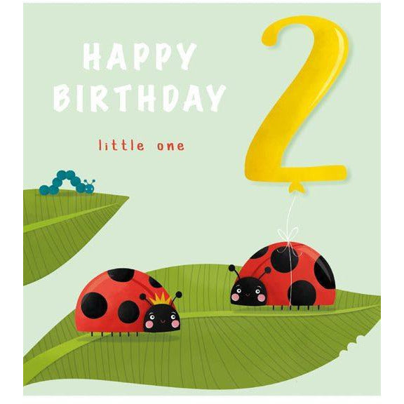 cute pale green birthday card with two leaves, two lady bugs, and 1 blue caterpillar. one of the ladybugs has a balloon number two tied to it. "happy birthday little one" is written in white and red next to the number