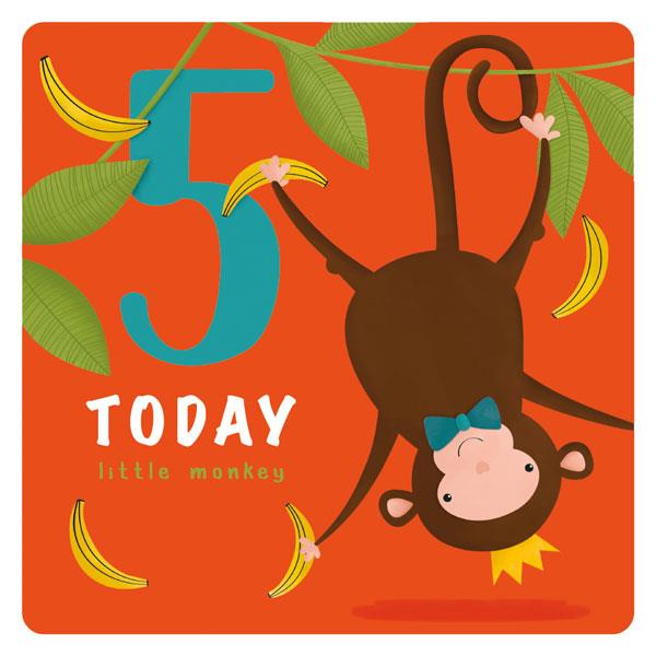 bright orange birthday card with an upside down monkey hanging from a vine. it wears a crown and a bowtie. to its left is the number 5 and the following text: "today little monkey"