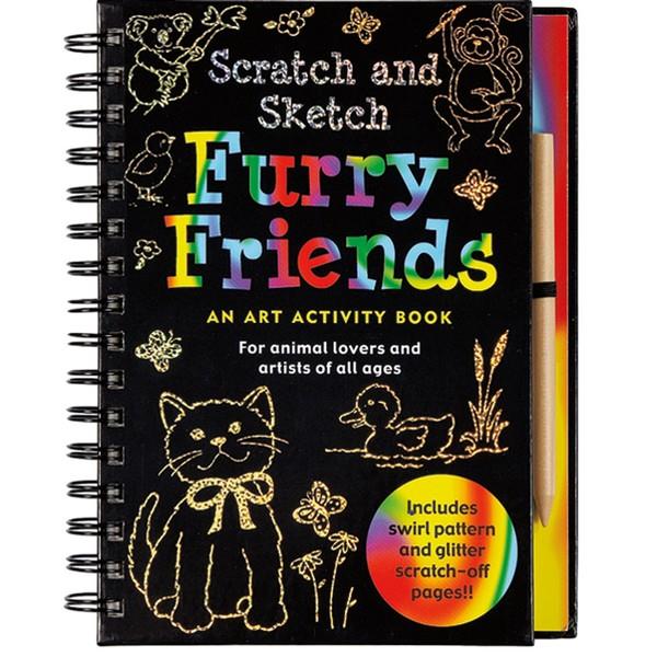 black spiral notebook with doodles and rainbow details. text reads "scratcg and sketch: furry friends, an art activity book for animal lovers and artists of all ages". bottom right text in a rainbow circle reads "includes swirl pattern and glitter scratch-off pages!!". product by company peter pauper
