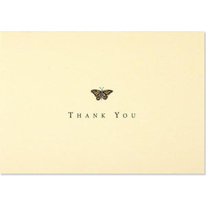 beige notecard with a tiny monarch butterfly at the centre and "thank you" written underneath
