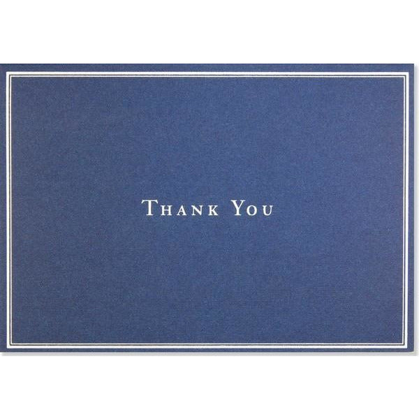 plain navy blue thank you card with a white inner border and the centred text "thank you"