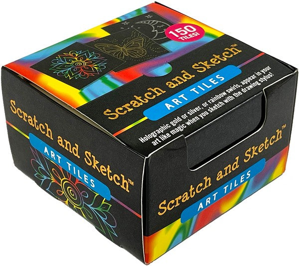 black product box with rainbow sections. cover shows three scratch drawings on black papers. main text reads "scratch and sketch art tiles". peter pauper product