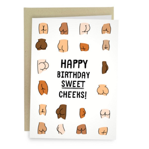 white birthday card. middle text reads "happy birthay sweet cheeks!" with "sweet" being underlined. various illustrations of cartoonish butts surround the text