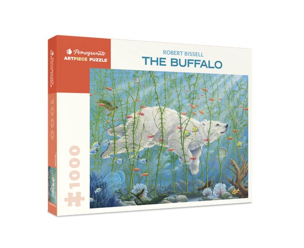 white puzzle box with orange accents. the centre of the box has an image of a polar bear swimming with fishes and jellyfishes